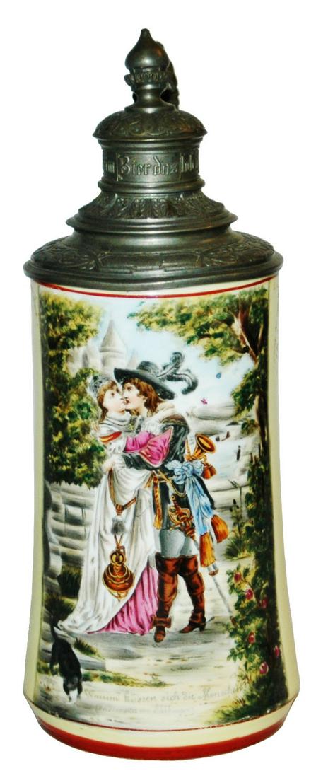 Trumpeter, Maiden & Black Cat Stein w Litho: Porcelain POG 1/2L. Trumpeter and maiden with black cat. Litho.