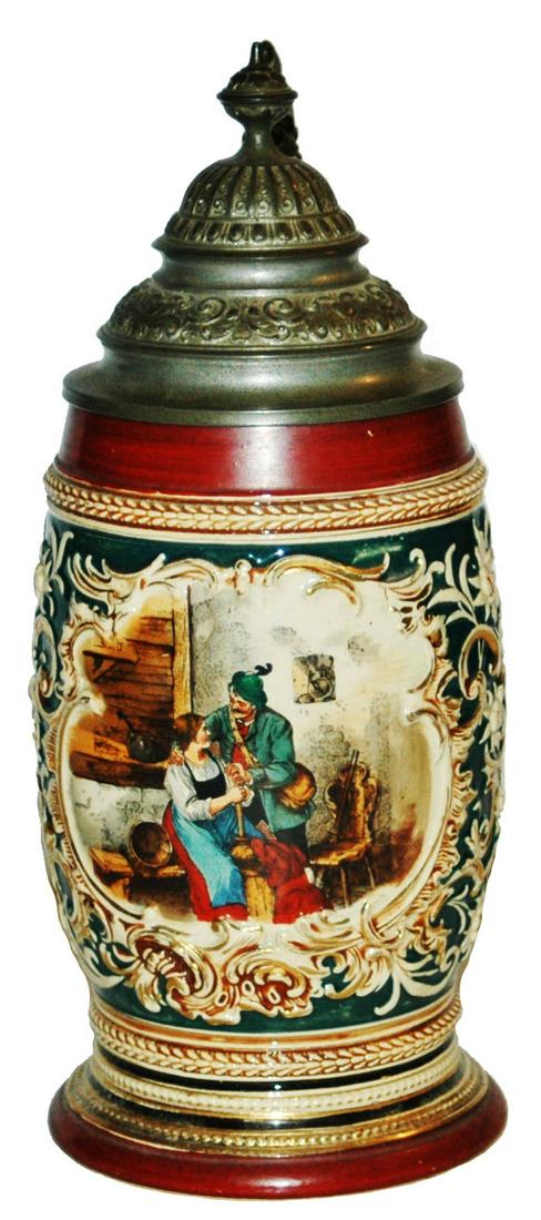 Hunter & Barmaid Relief Stein: Pottery #76 Relief & POG 1/2L. Hunter and barmaid. Mint.