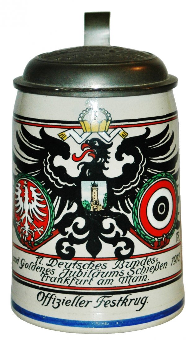 Target Shooting Franz Ringer Large Eagle Stein: Stoneware POG 1/2L.. Target shooting stein by Franz Ringer. Large Eagle . “17 Deutsches Bendes und Goldenes Jubilaums Schiessen 1912 Frankfurt am Main.” Relief frankfurt view lid. Mint.