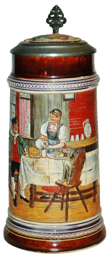 1L Table Scene Etched & Relief Stein w Inlay Lid: Pottery JW Remy #1349 Etched & Relief 1L. Table scene. Inlay lid.