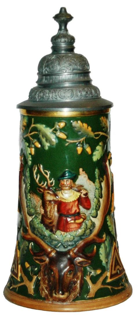 Hunter & Stag Stein Masonic Symbols Antler Handel: Pottery #1481 Relief 1/2L. Hunter with his arm around large stag. Masonic symbols at sides. Figural antler handle. Mint.