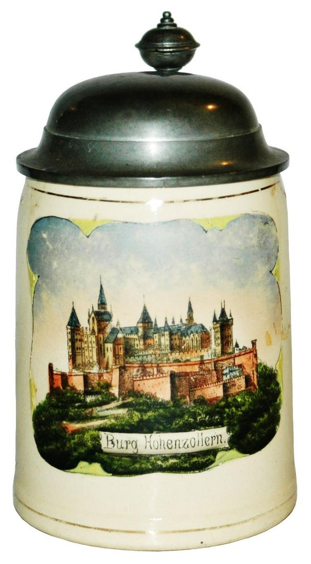 Hohenzollern Castle Souvenir Stein: Pottery POG 1/2L. Scene of Hohenzollern castle. Mint.
