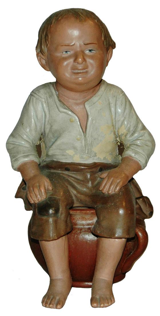 Bernard Block Terracotta Tobacco Jar Boy on Potty: Bernard Bloch Terracotta Character 9” Tobacco Jar. Young boy sits on commode.