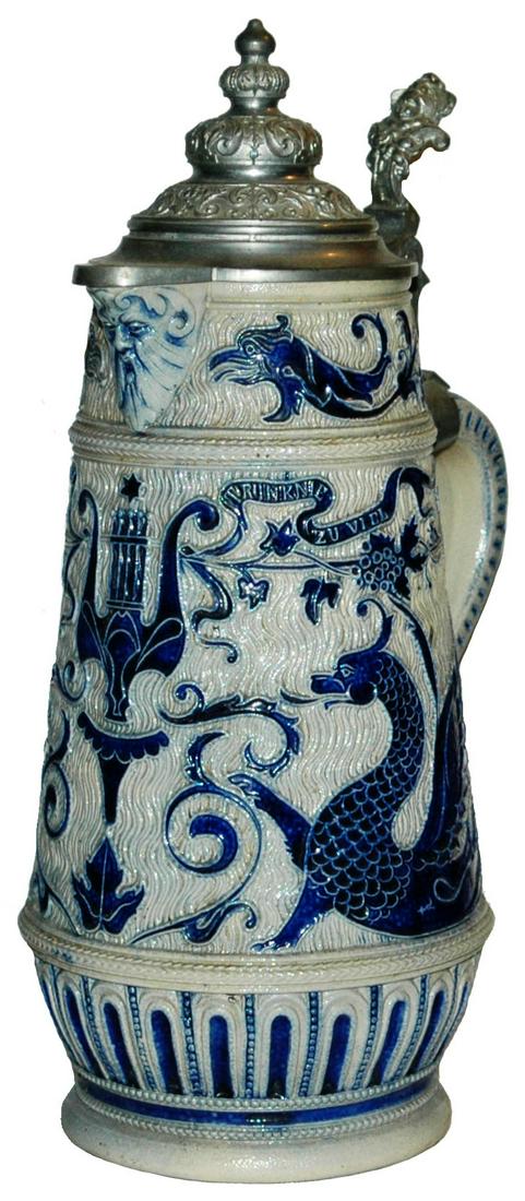 1-1/2L Dragons Threaded Relief Stein w Fancy Lid: Stoneware #171 Threaded Relief 1 1/2L. Dragons and harp. Fancy pewter relief lid. Mint.