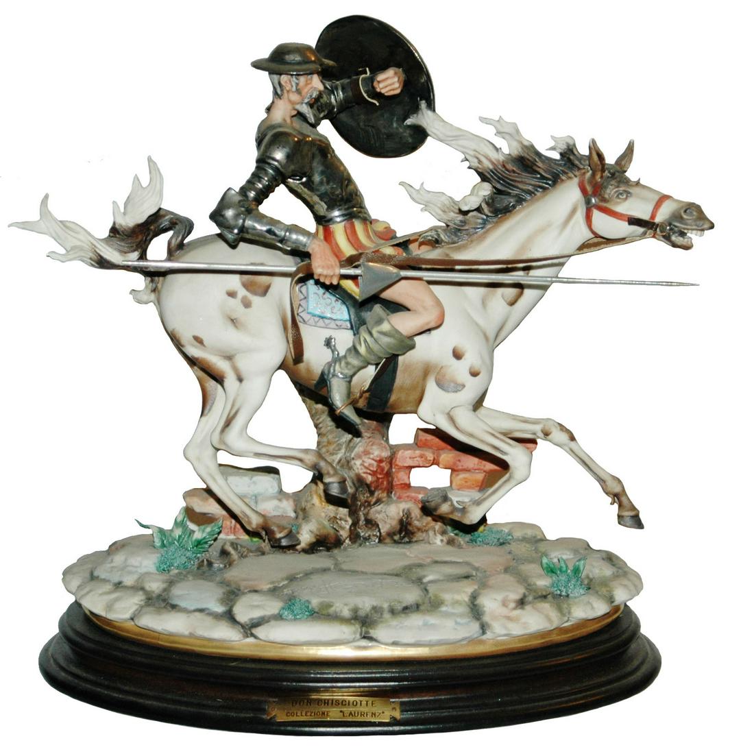 Don Quixote Capo-di-Monte 13x13 Detailed Porcelain: Capo-di-Monte Porcelain 13” by 13” Figure. Marked “Don Chisciotte, Collezione Laurenz.” Don Quixote on horse with lance and shield. Super detail. Mint.