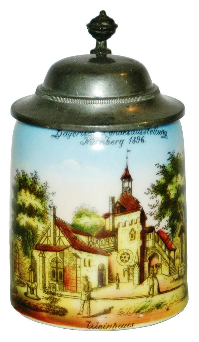 1/8L 1896 Exhibition Nurnberg Porcelain Stein: Porcelain POG 1/8L. National Exhibition Nurnberg 1896. Scene of wine house. Mint.