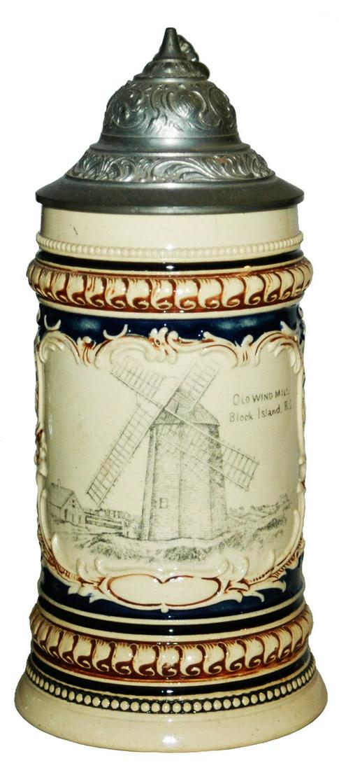 3/10L Souvenir Stein Block Island RI Windmill: Pottery Souvenir POG 3/10L. Old Wind Mill, Block Island, R.I. Mint.