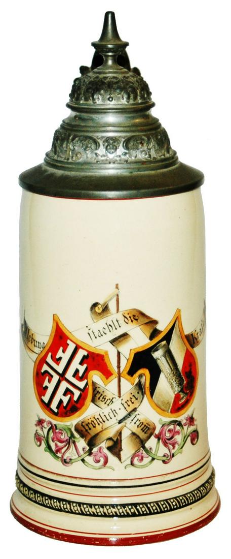 4F Turner Shield & Thumblift Stein: Pottery Merkelbach & Wick POG 1/2L. 4F Turner shield. 4F thumblift. Mint.