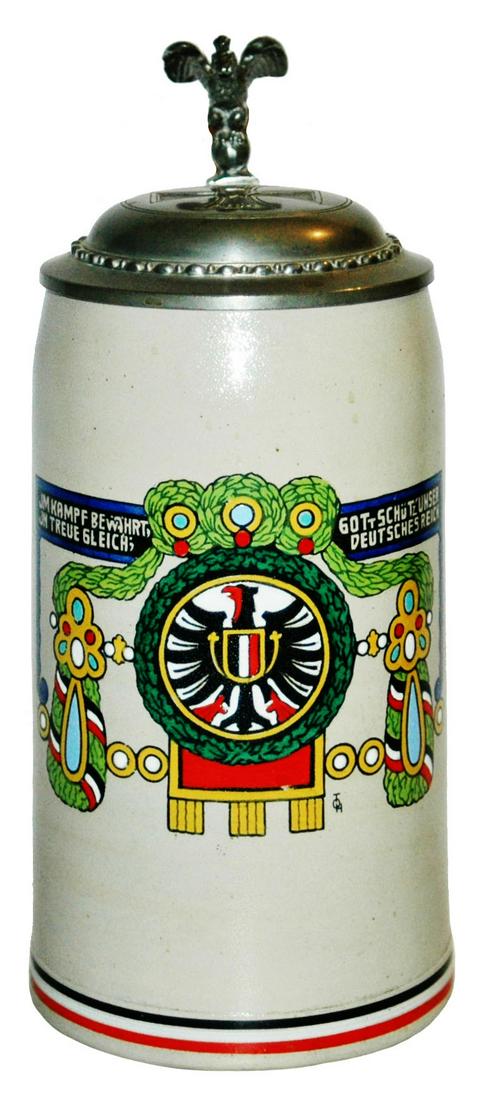 1L Eagle in Wreath Stein w Iron Cross on Lid: Stoneware POG 1L. Eagle in wreath, “God Protect our German Empire.” Iron cross on lid. Mint.