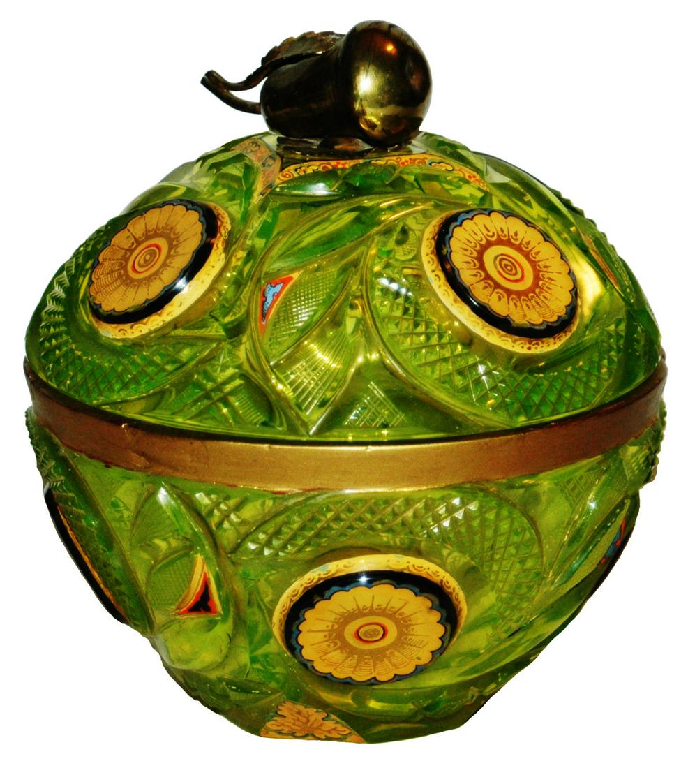 c1840  Uranium Glass Cut & Enamel Covered Bowl (1 of 4)