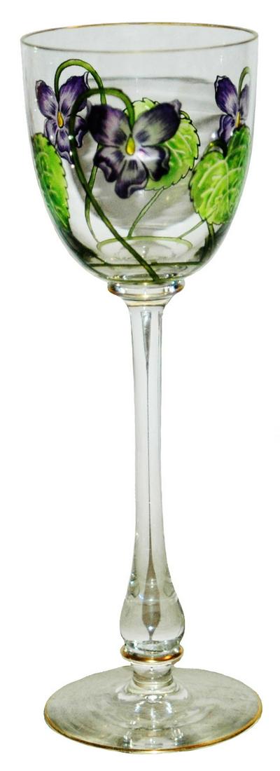Josephinen Floral Enamel Stem Goblet: Blown Glass 81/2” Goblet. Transparent floral Art Nouveau enamel design. Theresienthal. Mint.