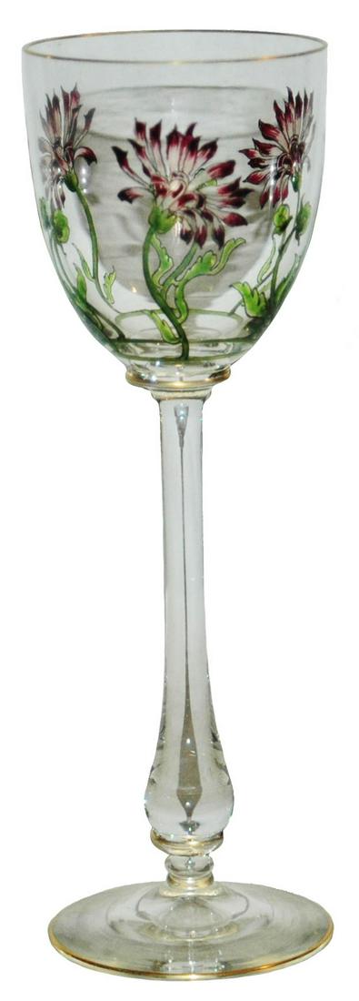 Art Nouveau Theresienthal Enamel Stem Goblet: Blown Glass 8 1/2” Goblet. Transparent floral Art Nouveau enamel design. Theresienthal. Mint.