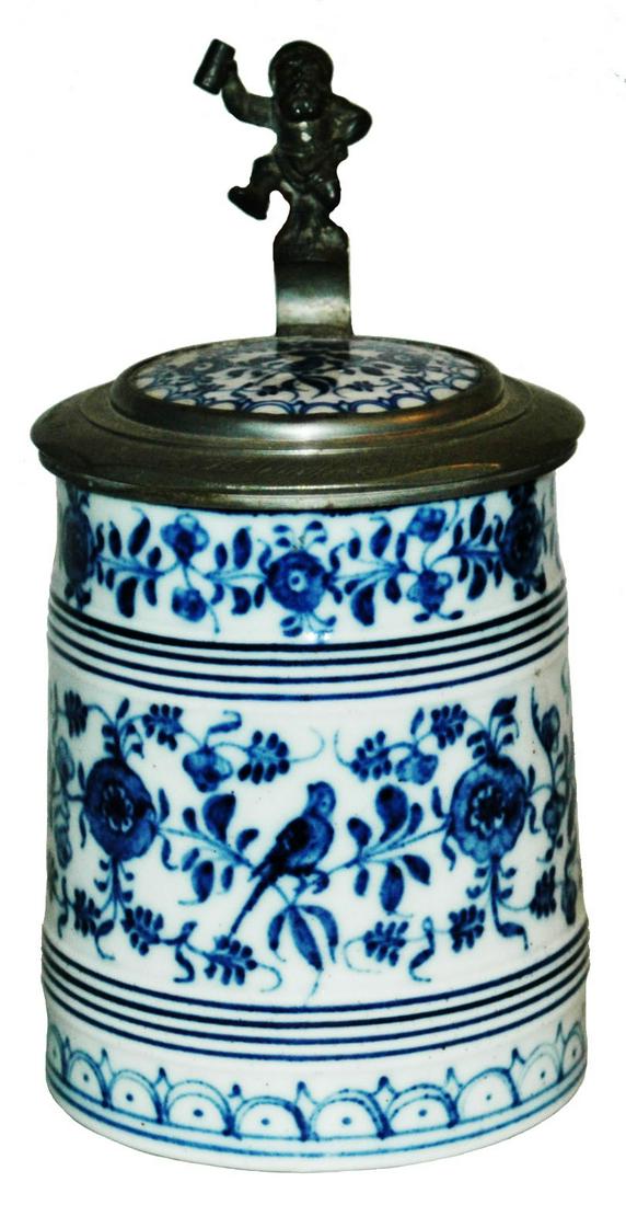 Flow Blue Floral Birds Stein w Matched Lid & Dwarf (1 of 4)