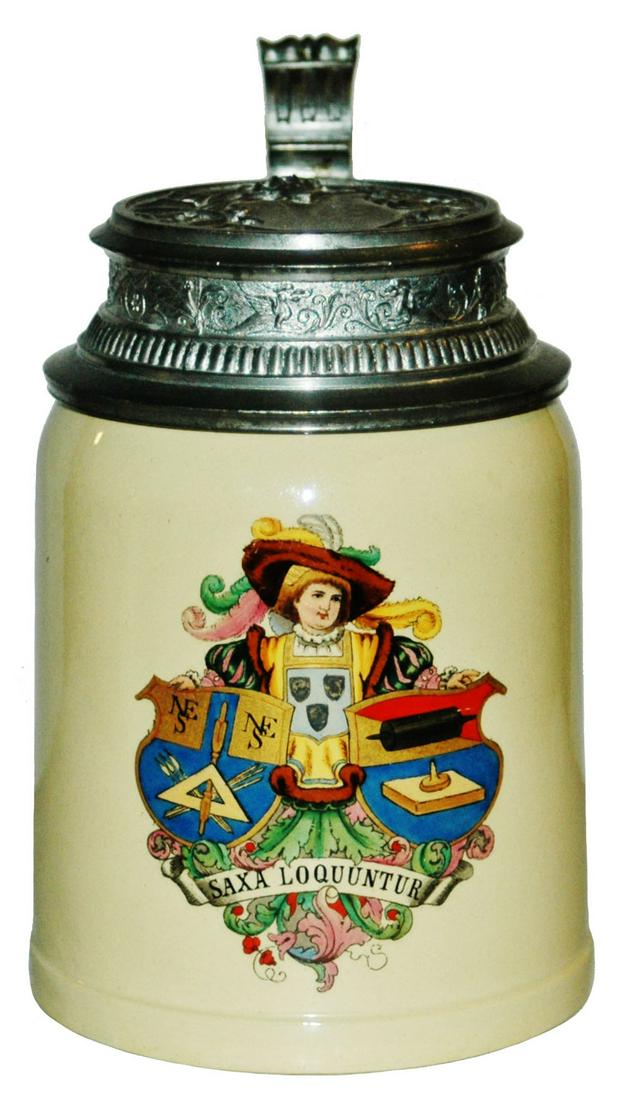 Mettlach Detail Shields & Woman Stein w Relief Lid (1 of 4)