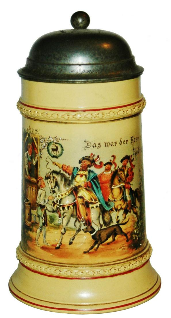 Mettlach Unusual Rodenstein on Horses Stein: Mettlach #406 POG 1/2L. Rodenstein and others on horseback. Uncommon. Mint.