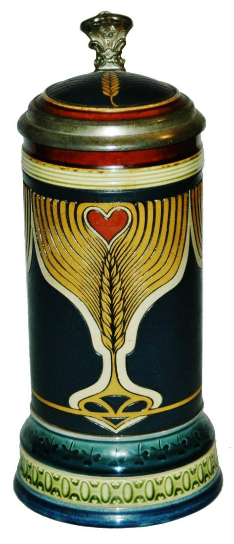 Mettlach Art Nouveau Wheat & Heart Stein w Inlay: Mettlach #2802 Etched 1/2L. Art Nouveau wheat and heart design. Inlay lid. Mint.