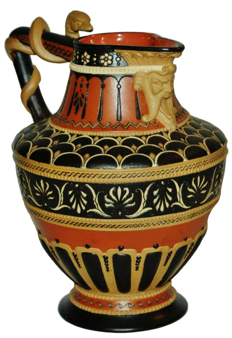 Mettlach Etched Grecian Pitcher w Snake Handle (1 of 3)
