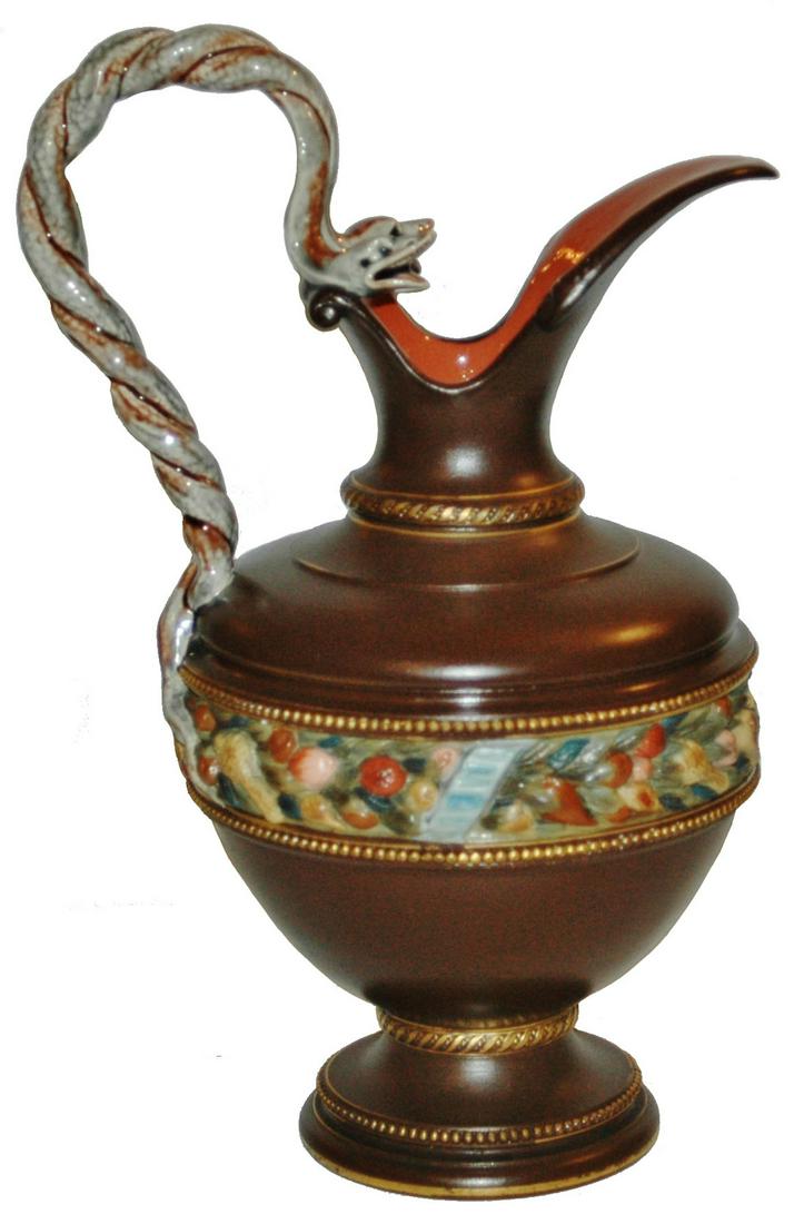 Mettlach 12" Glazed Pitcher w Twisted Snake Handle (1 of 3)