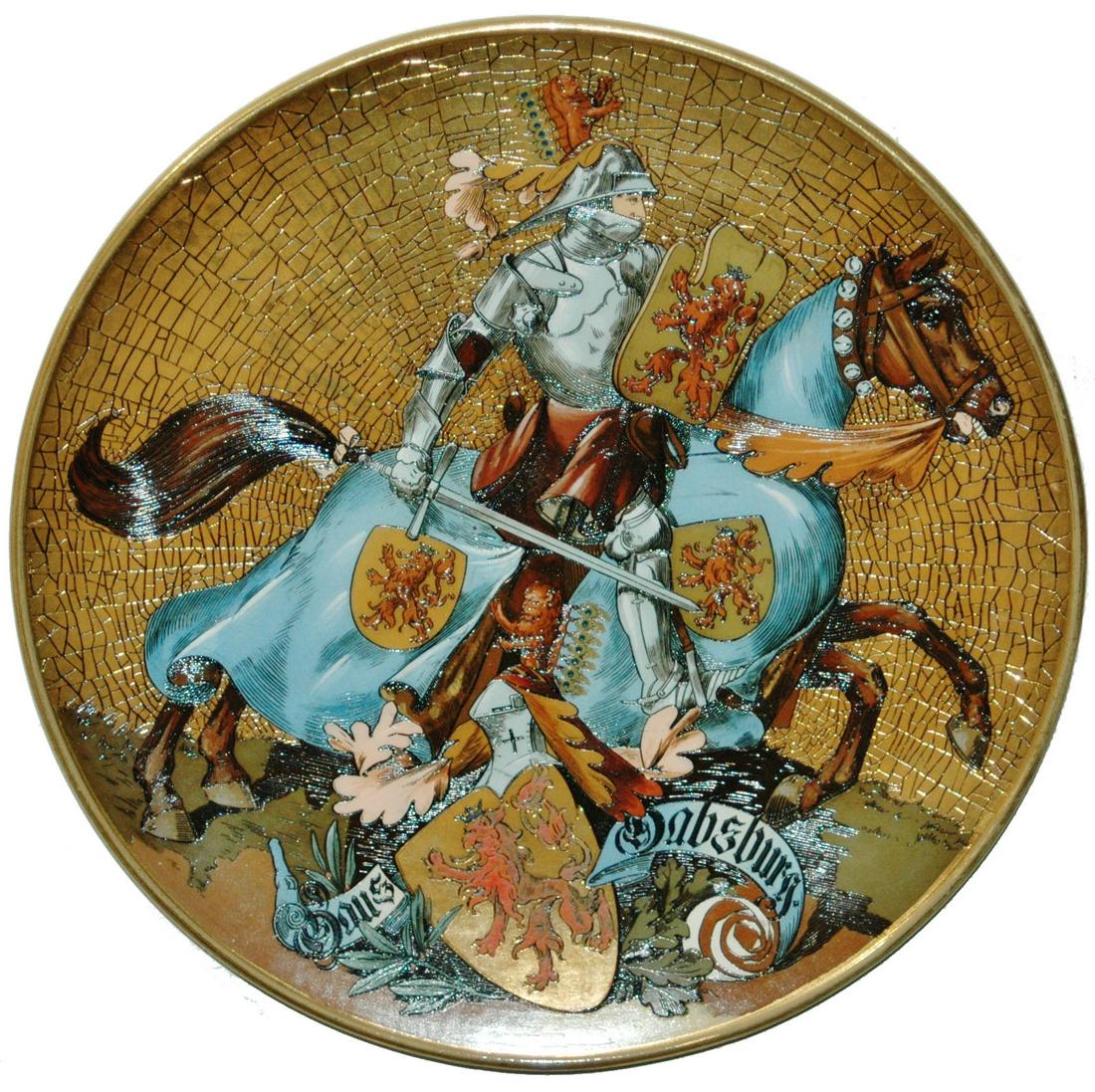 Mettlach Habsburg Knight on Horse 17" Plaque: Mettlach #2188 Etched 17” Plaque. Habsburg knight on horse. Mint.