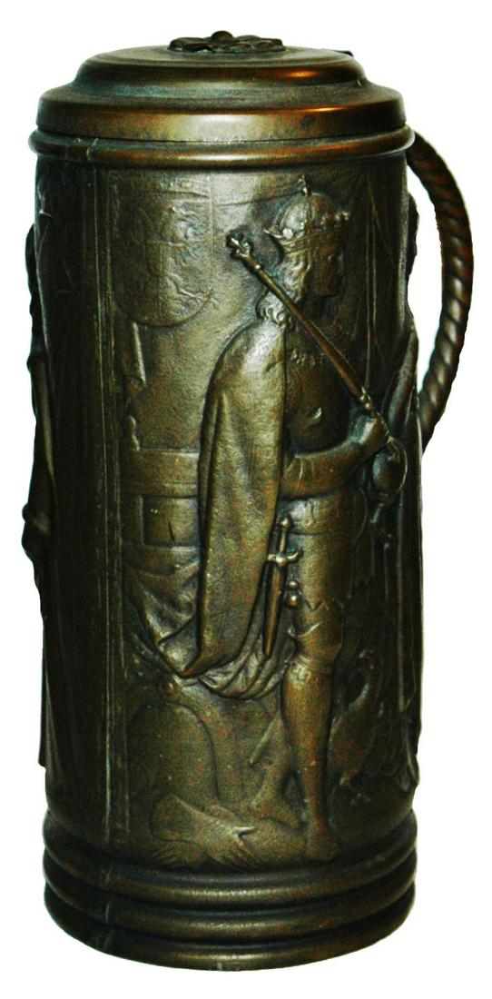 1L Brass Relief Royal Couple Belgium Stein: Brass Relief 1L. Royal couple on each side. Belgium. Normal wear.