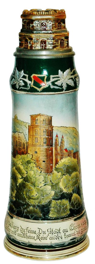 2L Heidelberg Castle Stein w Turret Inlay Lid