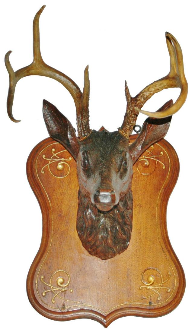Carved Stag Head w Real Antlers Mounted for a Wall (1 of 2)