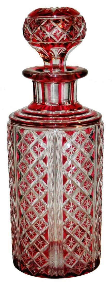 Cranberry Glass Bottle & Stopper w Cuts & Facets (1 of 2)