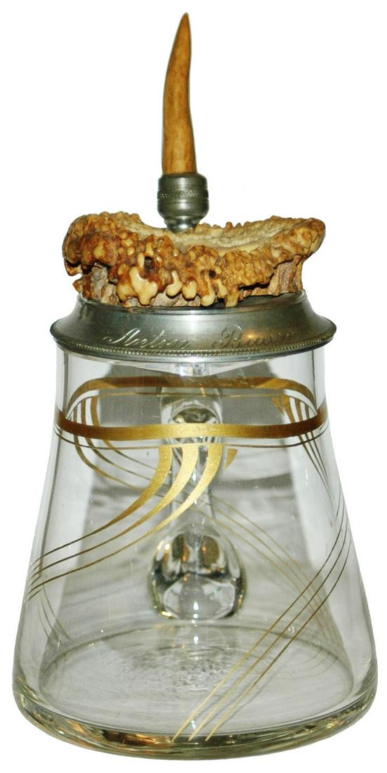 Cut & Gilded Glass Stein w Carved Horn Lid: Blown Glass 1/2L. Gilded line design. Carved horn pheasant lid.