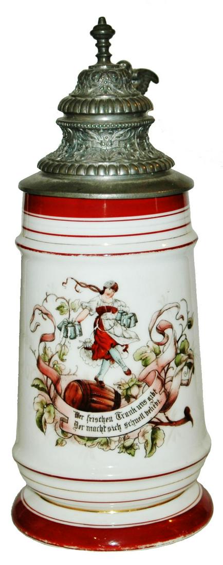 1L Target Girl on Barrel Stein w Fancy Pewter Lid: Porcelain POG 1L. Target girl on barrel with verse. Fancy relief pewter lid. Mint.