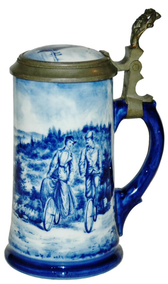 Porcelain Bicycle Riders Stein w Litho & Inlay (1 of 5)