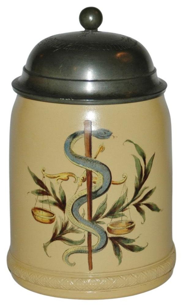 Mettlach Rod of Asclepius Serpent Stein: Mettlach #285 POG 1/2L. Rod of Asclepius, scale and branches. Mint.