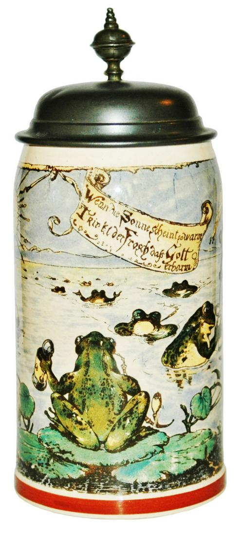 Mettlach Frogs w Steins Schlitt PUG Stein: Mettlach #1909/1038 PUG 1/2L. Frogs swim to dock to fill their steins. Schlitt. Mint.