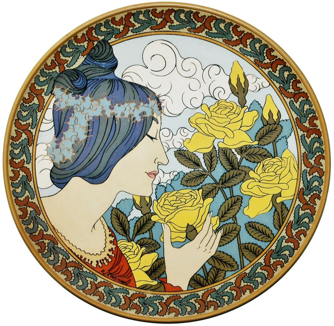Mettlach Art Nouveau Woman w Flowers Signed Plaque (1 of 1)