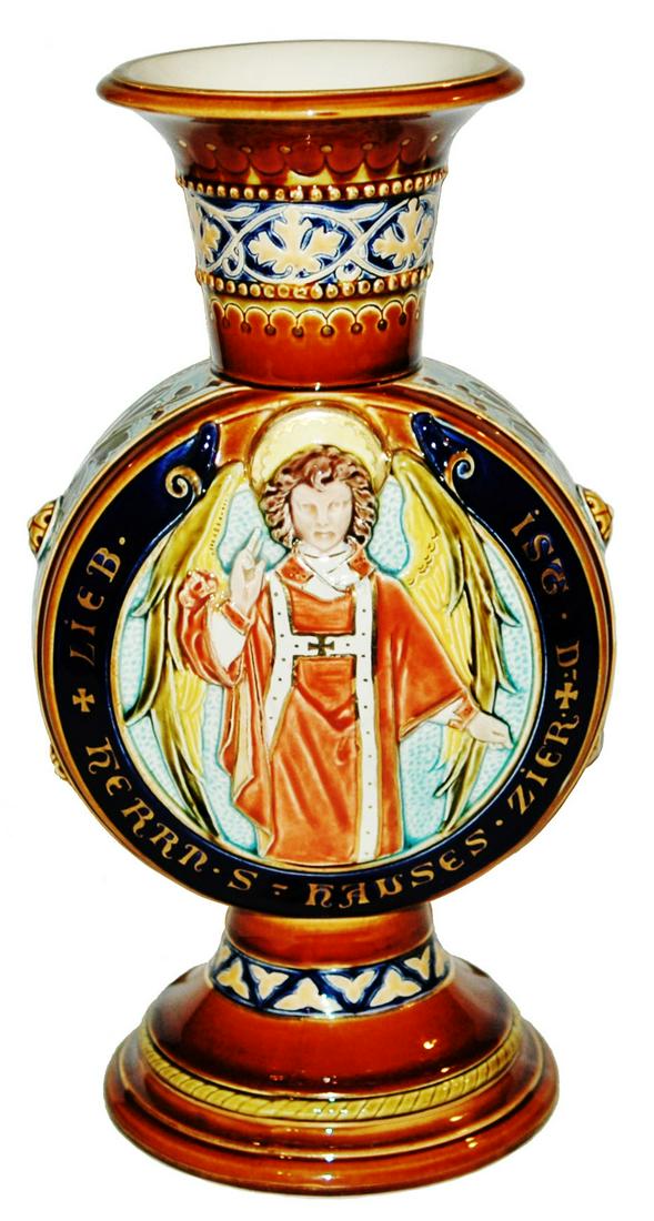 RARE Mettlach Angel w Wingd & Verse 11-1/4" Vase (1 of 2)