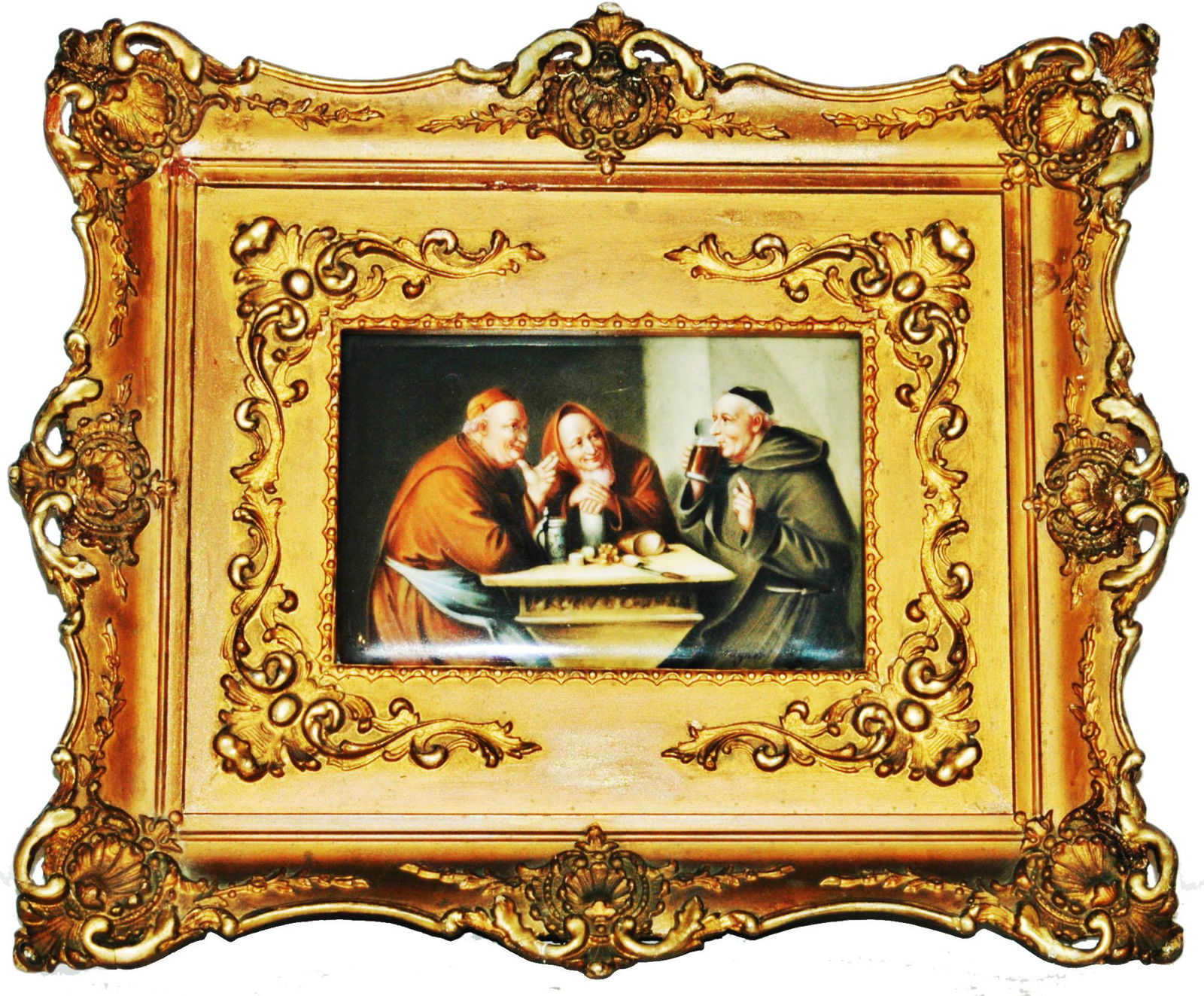 Hand Painted Monks Drinking Framed Plaque Signed (1 of 1)