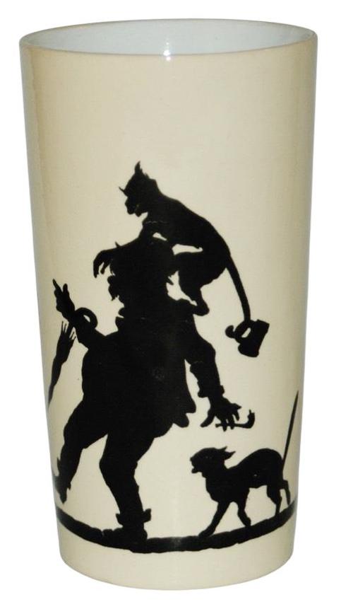 Mettlach Silhouette of Man Monkey & Cat Beaker: Mettlach #2327/1273 PUG 1/4L Beaker. Silhouette of drunk with monkey and cat. Mint.