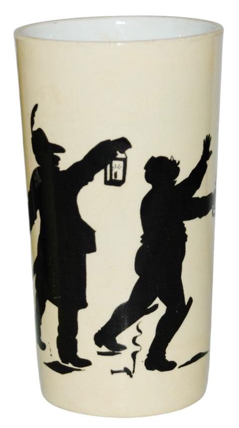 Mettlach Beaker Silhouette of Night Watchman: Mettlach #2327/1272 PUG 1/4L Beaker. Silhouette of night watchman lighting the way for drunk. Mint.