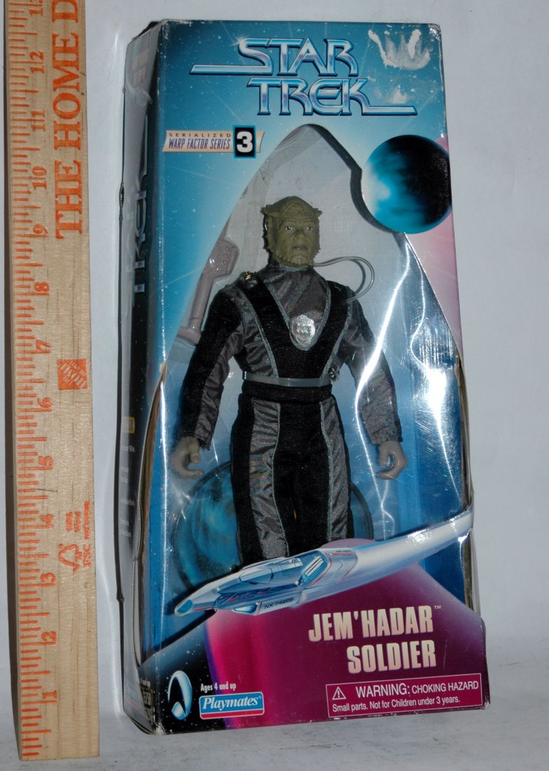 Star Trek Sealed Box 9" Jem Hadar Posable Doll: 1998 Star Trek Jem' Hadar Soldier 9" Action figure doll. Fully articulated figure. This character is from the Gama Quadrant as featured in Deep Space Nine. Original box is unopened, with galactic gear
