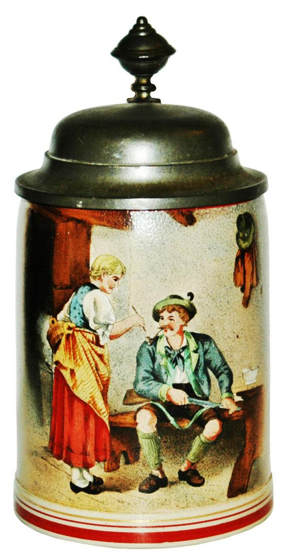 Hunter & Barmaid in Tavern Stoneware Stein: Stoneware Martin Pauson POG 1/2L. Hunter and barmaid in tavern. Mint.