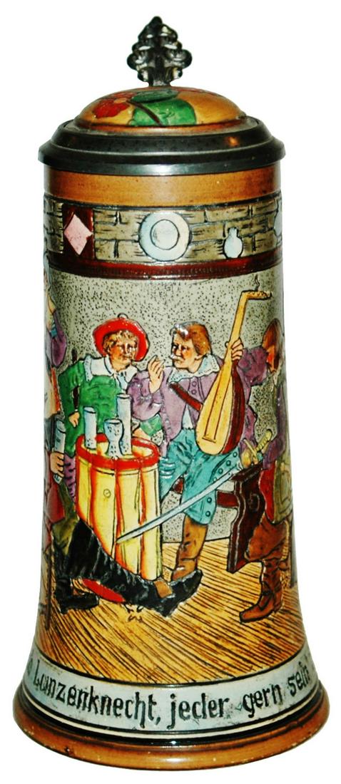Falstaff, Knight & Landsknecht Etched Stein: Pottery Etched 1/2L. Falstaff drinks with knight and Landsknecht.