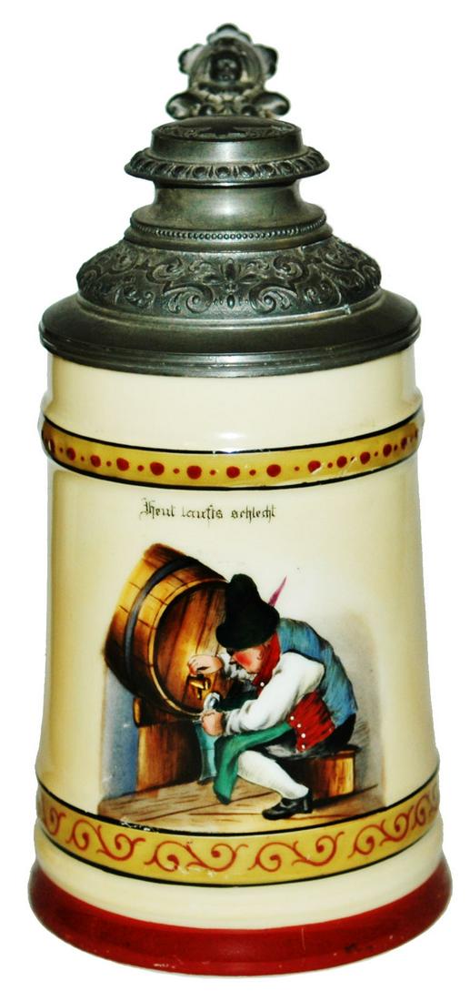 Man Tapping a Keg Porcelain Stein w Litho: Porcelain POG 1/2L. Man taping keg. Litho. Mint.