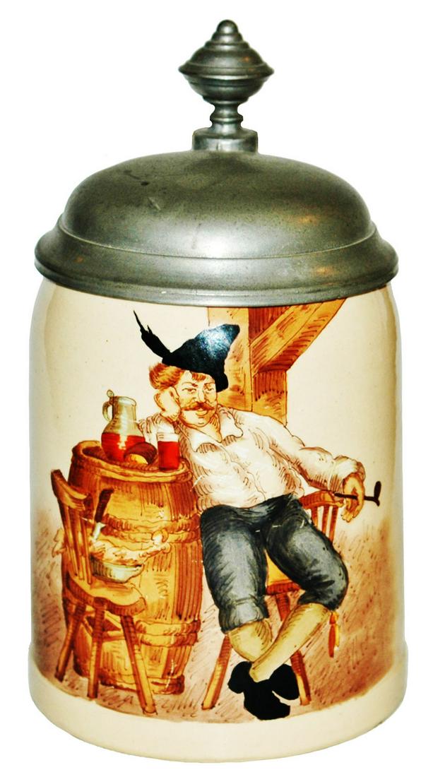 Drunk Man in Tavern Hand Painted HR Stein: Pottery HR #139A Hand Painted 1/2L. Man with pipe drinking in tavern. Mint.