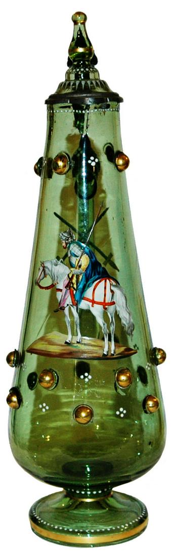 2L Enamel Knight on Horse w Matched Inlay Lid: Blown Green Glass 2L. Enameled knight on horseback. Matching glass inlay lid. Large dwarf thumblift. Mint.
