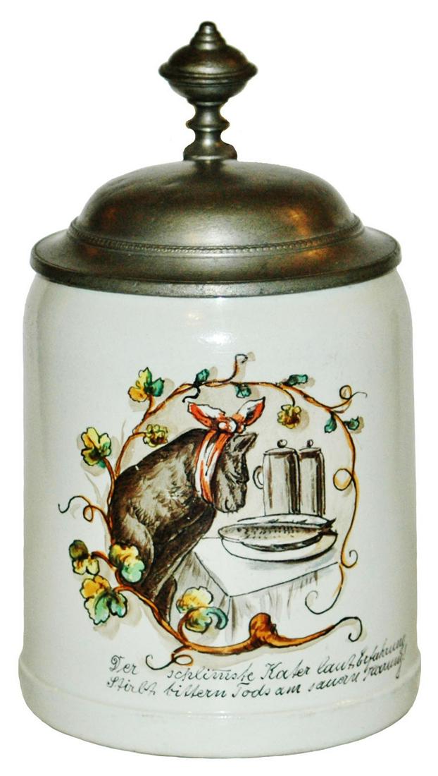 Mettlach Hungover Cat Looking at Fish Scene Stein (1 of 3)