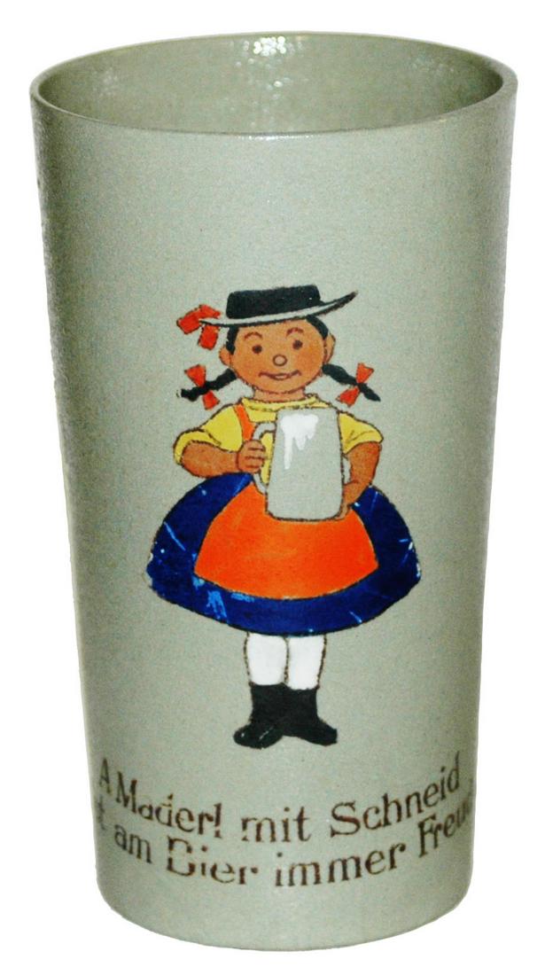 Mettlach Bavaria Girl with a Stein Beaker: Mettlach Bavaria #3081/533 POG 1/4L Beaker. Girl holds stein. Mint.