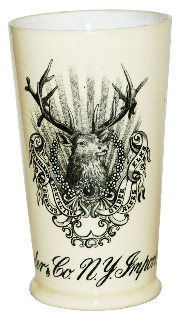 Mettlach Elks Club NY Beer Importer Beaker: Mettlach #2368 PUG 1/4L Beaker. Elks Club, F. Hollenders Co. N.Y. Importers of Beer. Mint.