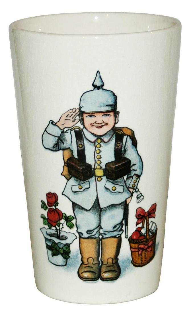 Mettlach Boy Soldier Beaker: Mettlach #2327/1501 PUG 1/4L Beaker. Soldier boy. Mint.