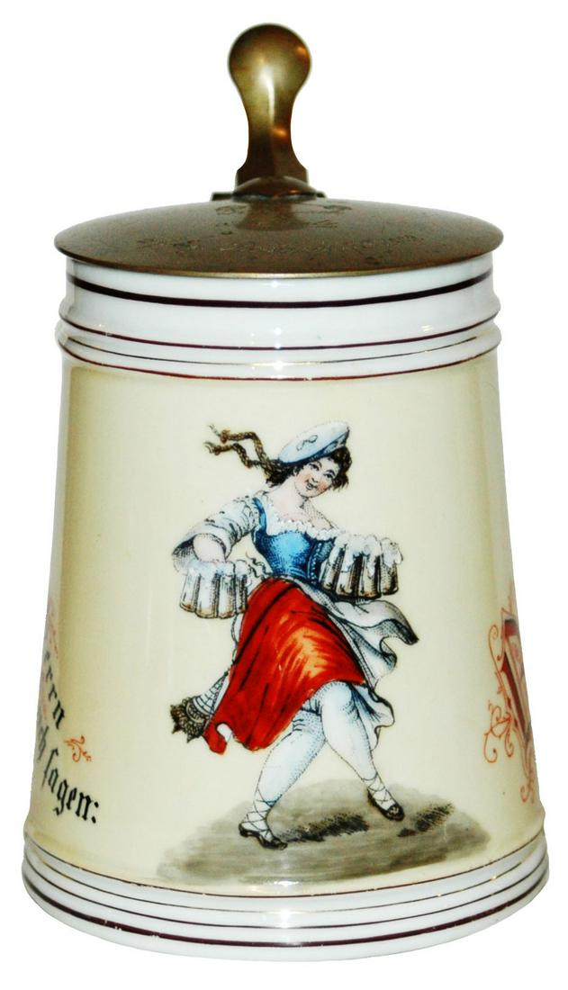 Target Girl Stein w Unusual Litho and Hinge: Porcelain POG 1/2L. Target girl holding many steins. Colored litho with unusual couple scene. Unusual Hinge attachment. Mint.
