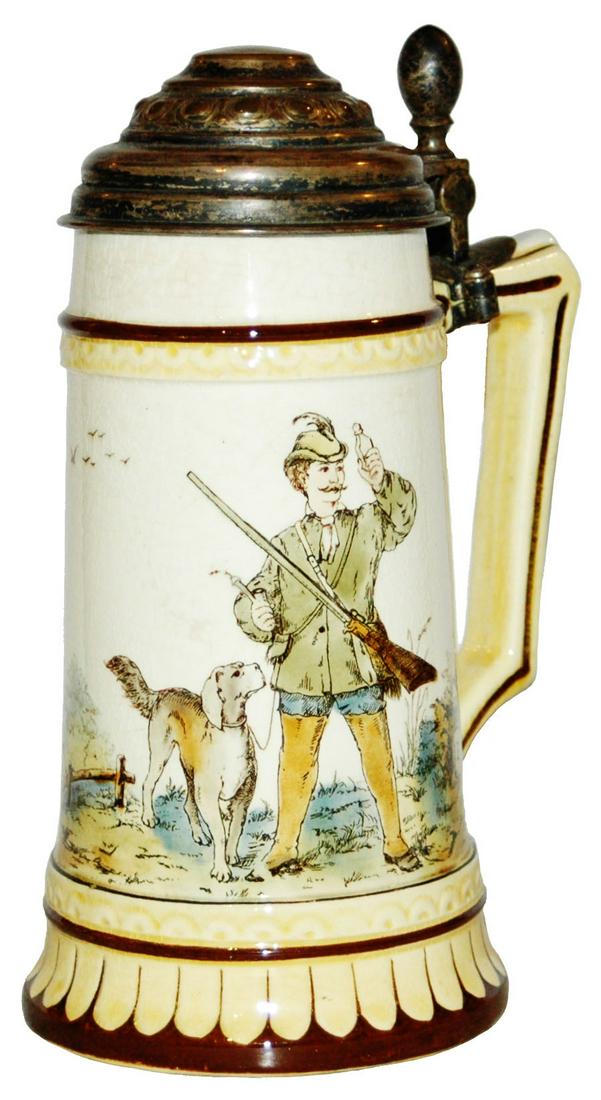 Hunter with Dog Ditmar Majolica Stein w Brass Lid (1 of 3)