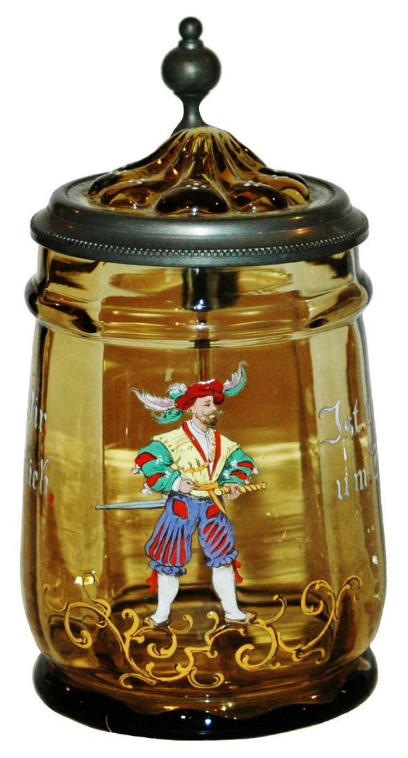 Amber Glass Enamel Landsknecht Stein w Matched Lid: Blown Amber Glass 1/2L . Enameled scene of a Landsknecht. Matching glass shell shaped inlay. Mint